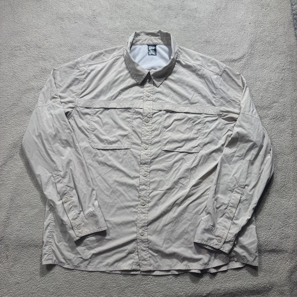 REI Co-op Shirt Mens 2XL Beige Long Sleeve Nylon Spandex Outdoor Hiking Fishing
